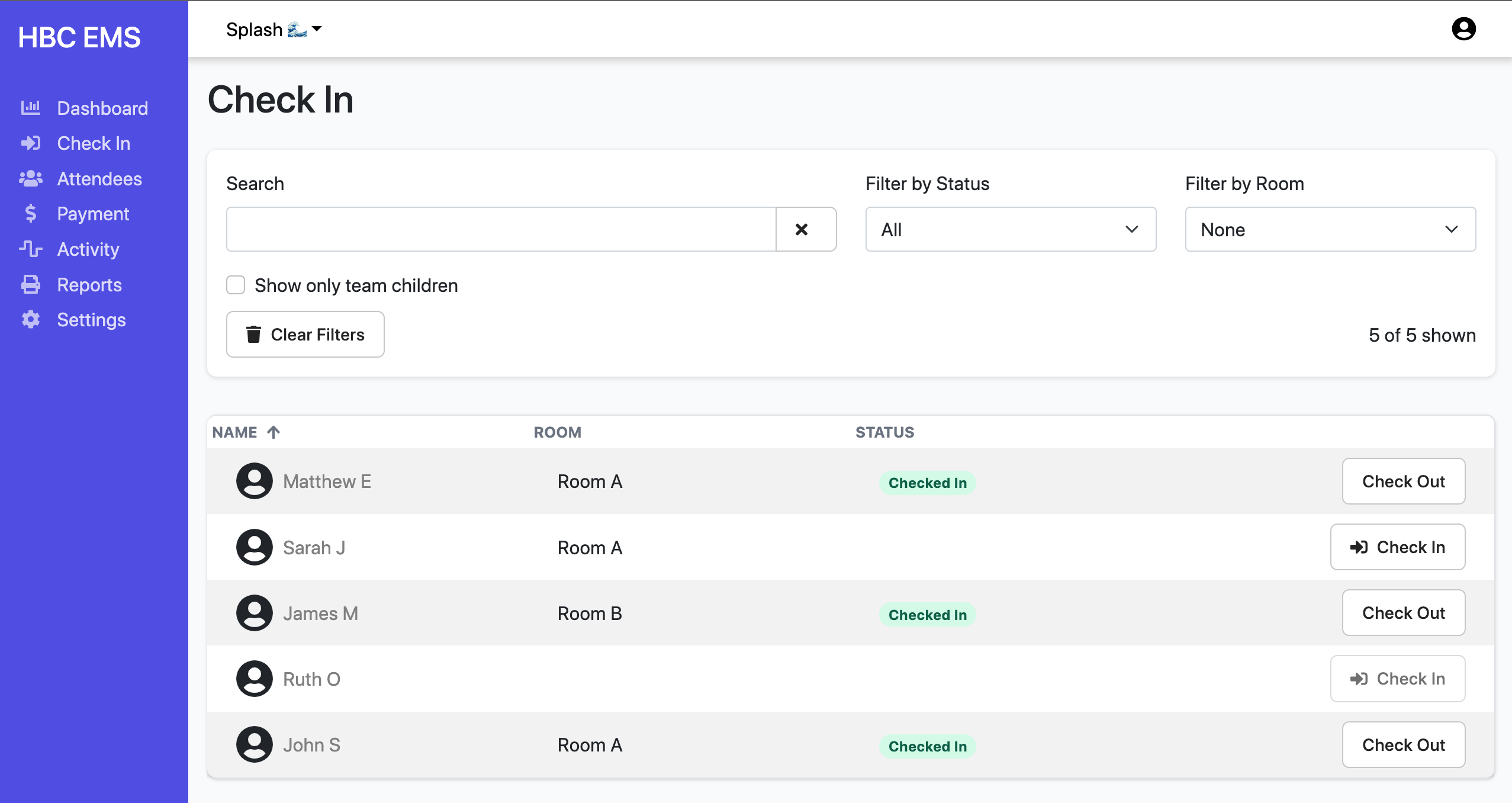 Screenshot of EMS showing a checkin page