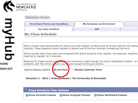 a screenshot taken from UoN's myHub website